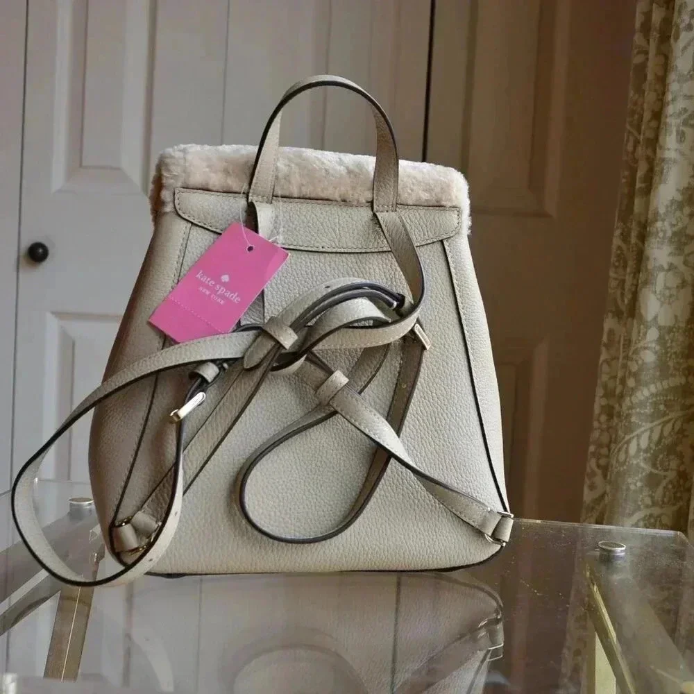 Kate Spade K9398 Leila Flap Backpack Fur Faux Shearling Light Sand